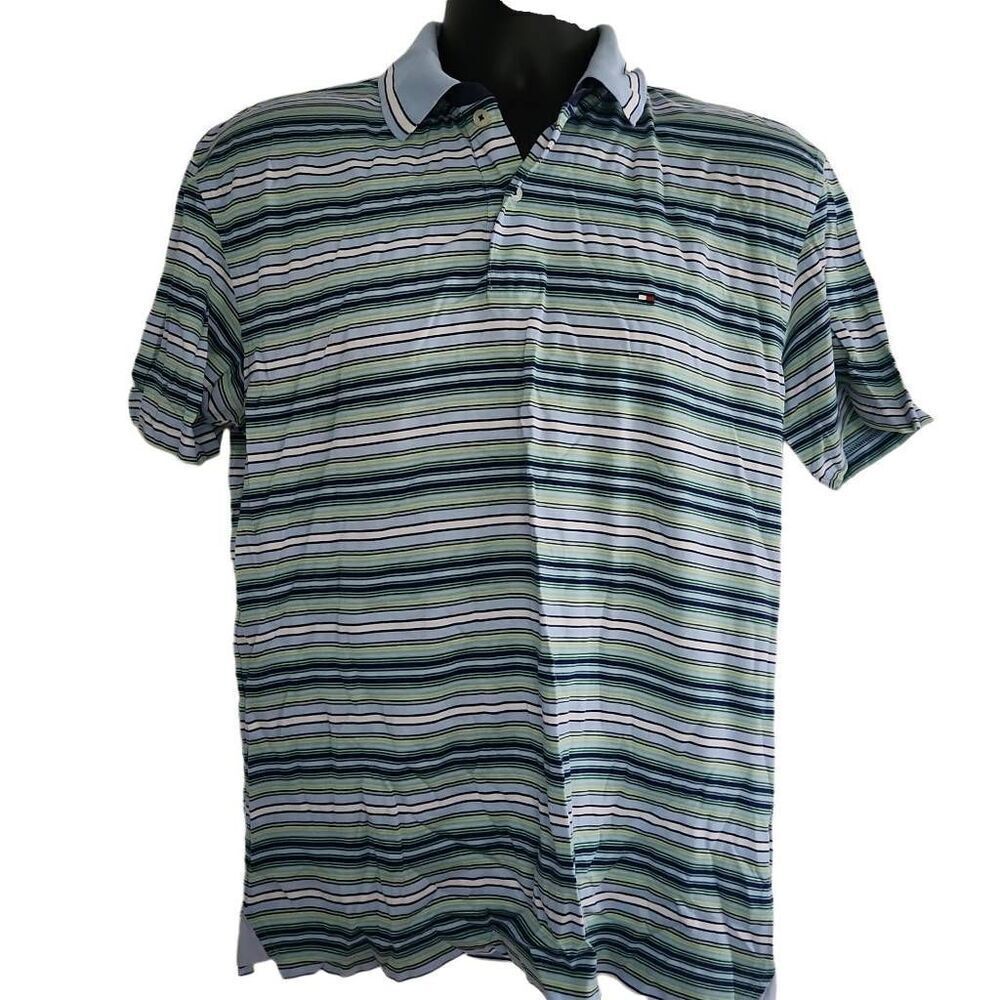Tommy Hilfiger Men's Size Medium Blue Green Striped Cotton Polo Shirt